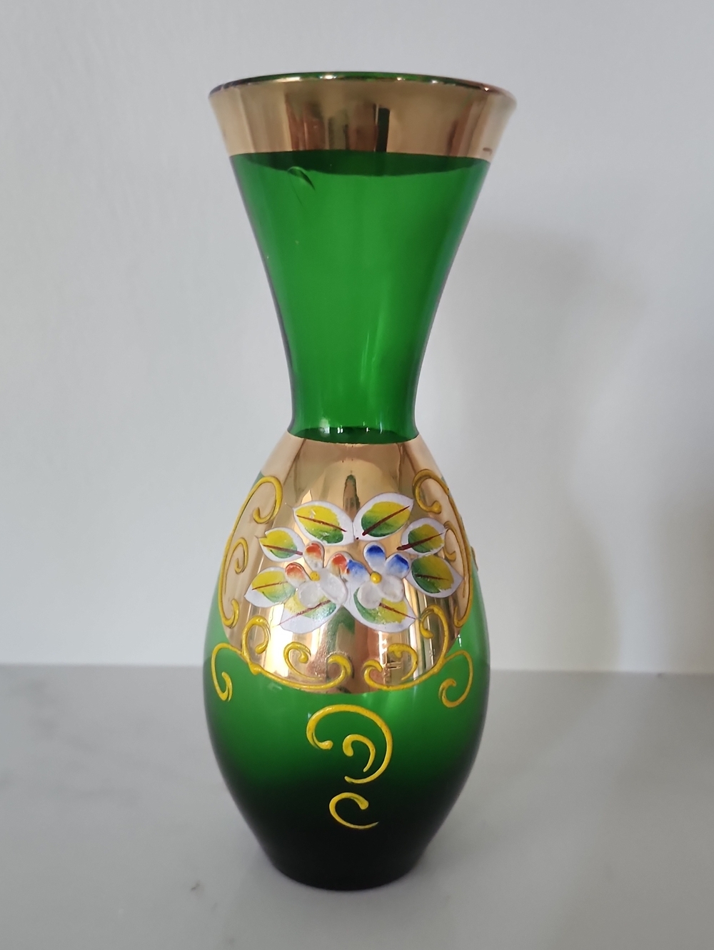Green and Gold Floral Glass Vase